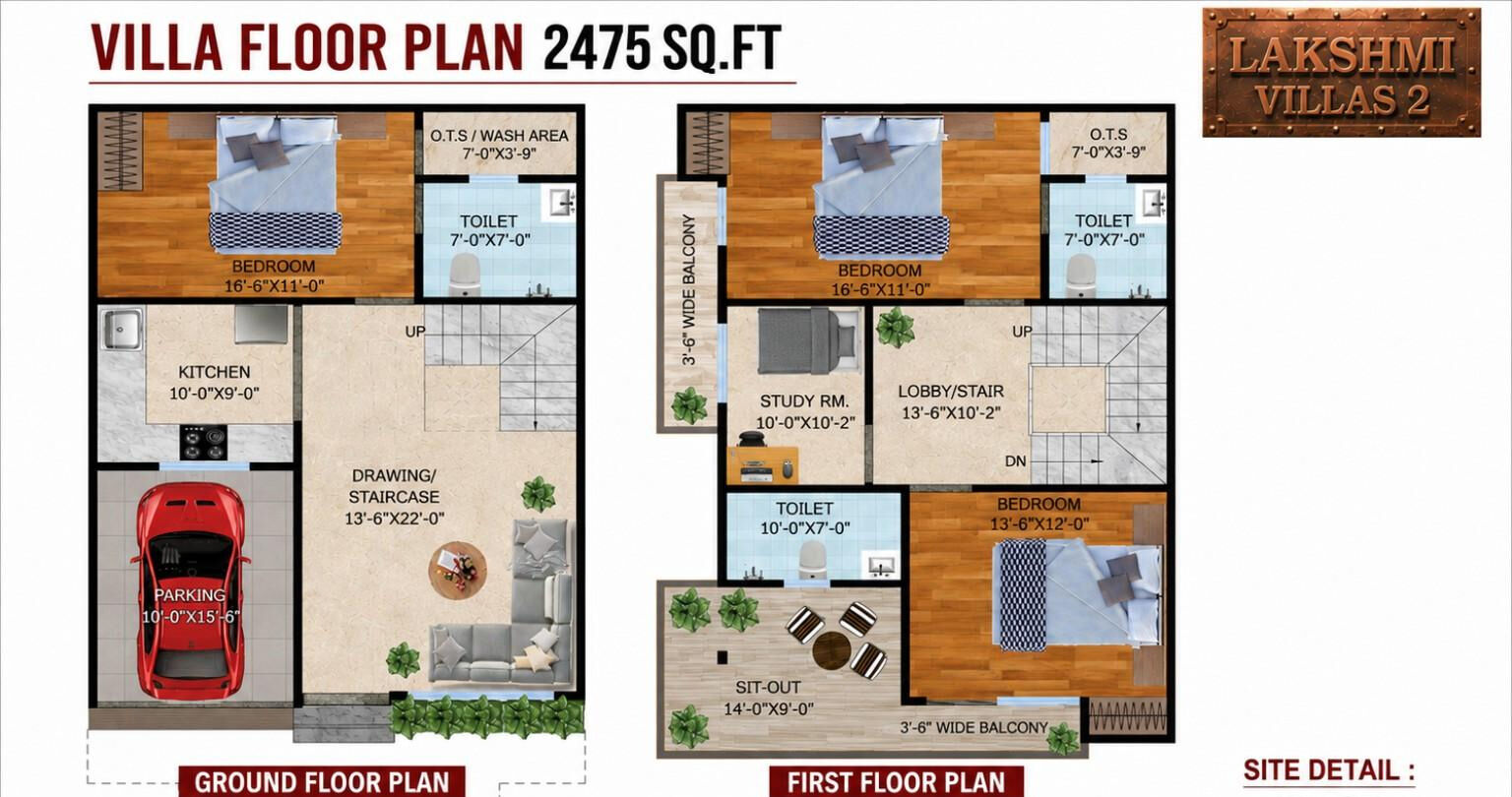 Ground and first floor plan of the 2475 sq ft villa